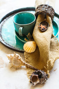 High angle view of hat on table