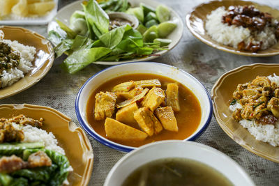 High angle view of food served on table