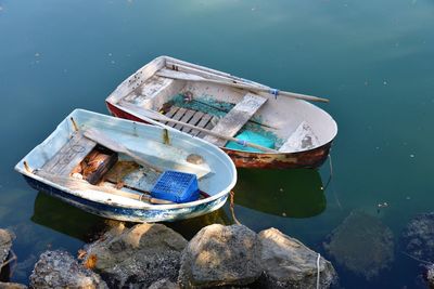 High angle view of boats moored in lake