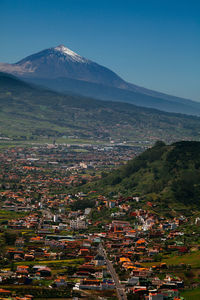 High angle view of townscape and mountain against sky