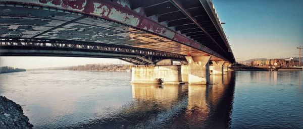 Reflection of bridge on river against sky