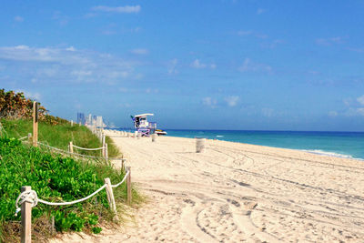 Scenic view of sea against blue sky