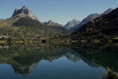 Idyllic shot of rocky mountains reflecting on calm lake