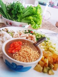 High angle view of breakfast served on table