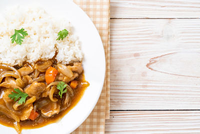 High angle view of food in plate on table