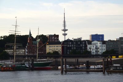 Buildings at waterfront against cloudy sky