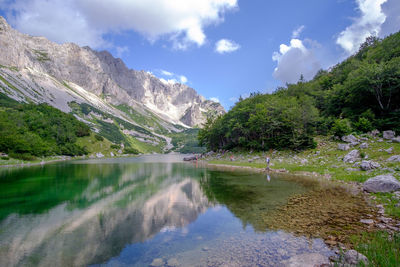 Scenic view of lake by mountains against sky