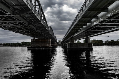Low angle view of bridges on river against cloudy sky