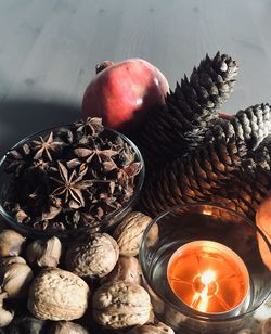 High angle view of apples on table