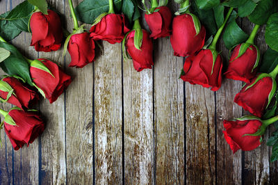 High angle view of red roses on wood