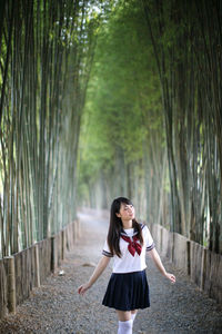 Young woman looking away while standing amidst bamboo groove