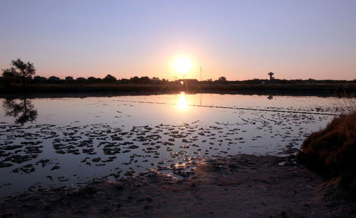 Scenic view of lake at sunset