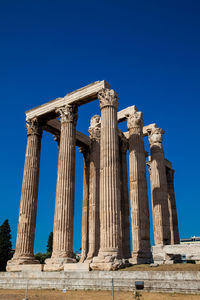 Low angle view of temple against clear blue sky