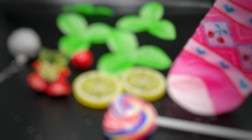 High angle view of multi colored toys on table