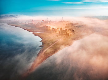Drone aerial view of confluence park in kaunas, lithuania