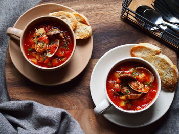 High angle view of soup in bowl on table