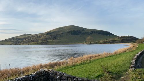 Scenic view of lake and mountains against sky