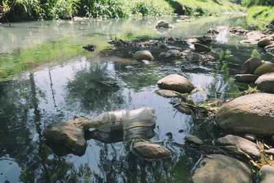 Reflection of rocks in lake