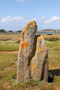 Menhir of toeno - megalithic monument on the coast near trebeurden in brittany, france