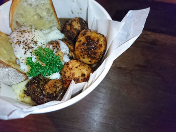 High angle view of food in plate on table