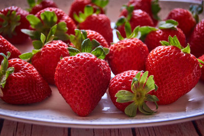 High angle view of strawberries on table