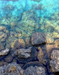 High angle view of rocks in sea