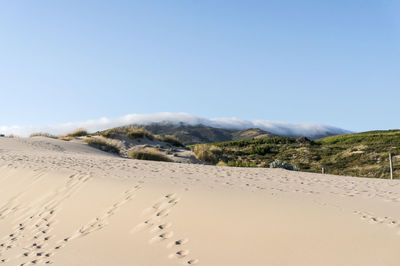 Scenic view of sand dunes against clear sky