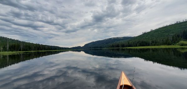 Scenic view of lake by trees against sky