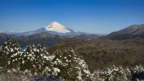 Scenic view of snowcapped  mount fuji  against clear sky