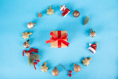 High angle view of christmas decorations on table