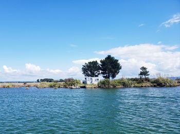 Scenic view of sea against blue sky