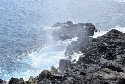 Waves splashing on rocks at shore