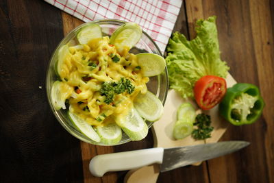 High angle view of chopped fruits on table