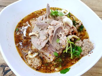 High angle view of soup in bowl on table