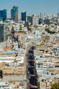 High angle view of buildings against sky