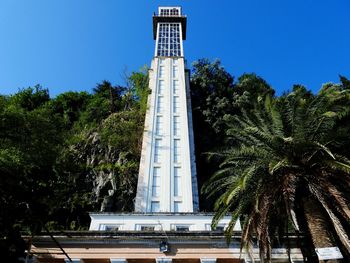 Low angle view of building against clear blue sky