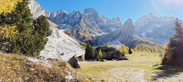 Panoramic view of snowcapped mountains against sky