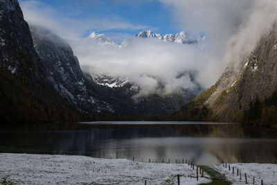 Scenic view of lake and mountains against sky