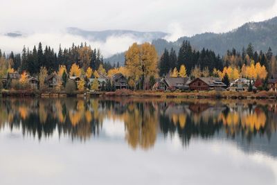 Scenic view of lake by trees against sky