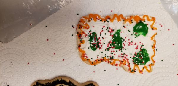 High angle view of cookies on table