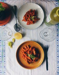 High angle view of food served on table