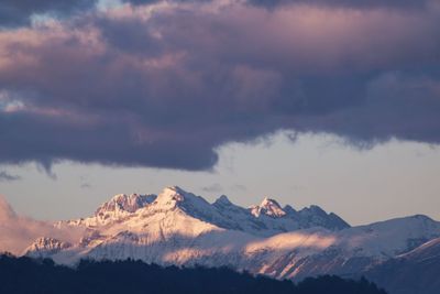 Scenic view of snowcapped mountains against sky during sunset