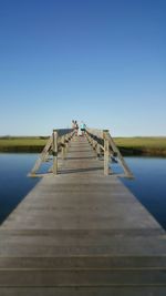 Distant view of people on footbridge over lake against clear sky