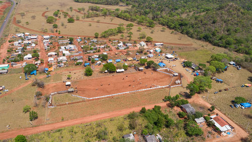 Aerial view to rodeo grounds and residential area in bom jardim, mato grosso, brazil