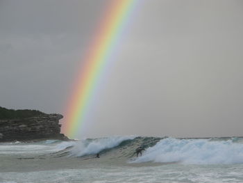 Scenic view of rainbow over sea against sky