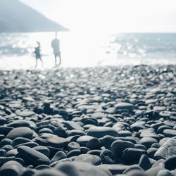 Surface level of pebbles at beach on sunny day