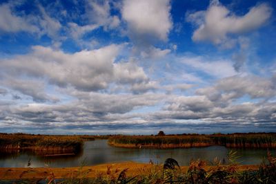 Scenic view of lake against cloudy sky