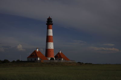 Lighthouse on field by building against sky during sunset