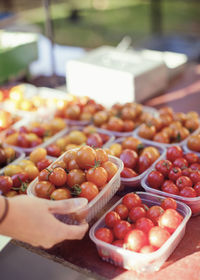 Cropped image of woman buying tomatoes at market stall