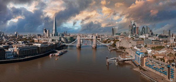 Aerial panoramic cityscape view of london and the river thames